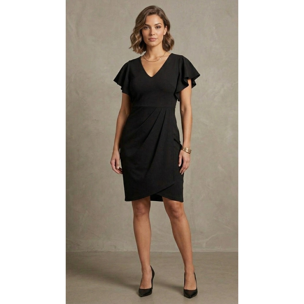 iHot Black Ruffle Sleeve V-Neck‎ Tulip Sheath Dress Womens Large LBD Cocktail